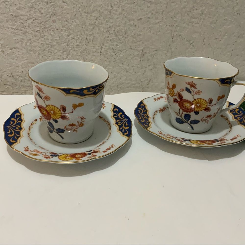 Premiere Fine China #ME217 Canton Cups  Saucers Floral Blue Yellow Red set 2 G14
